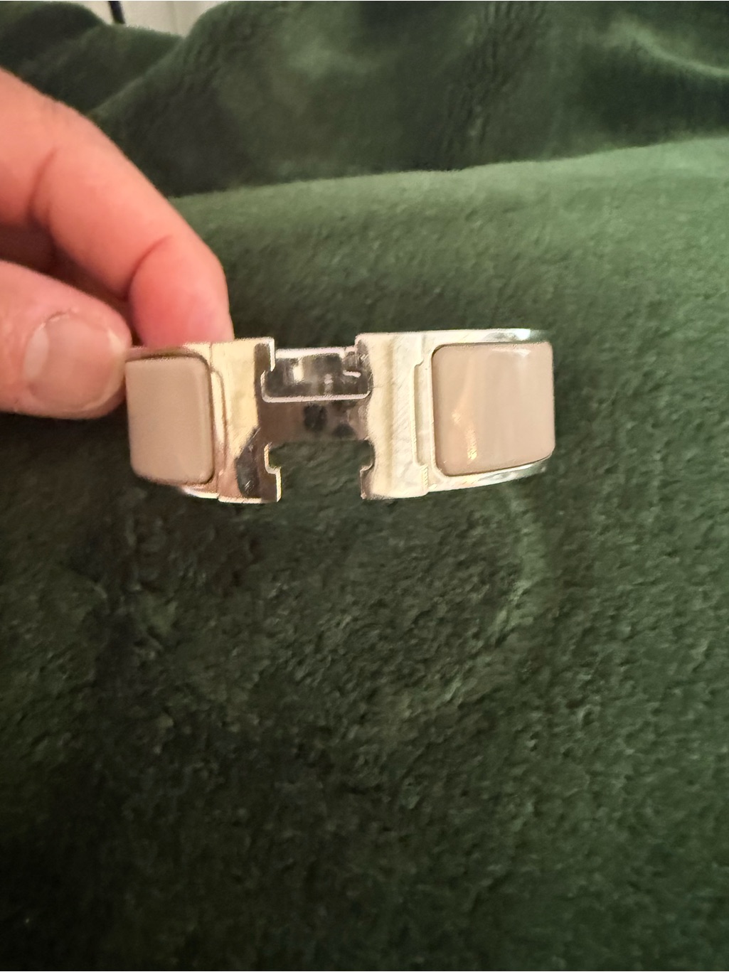Hermes Beige Enamel H Cuff Bracelet With Silver Hardware